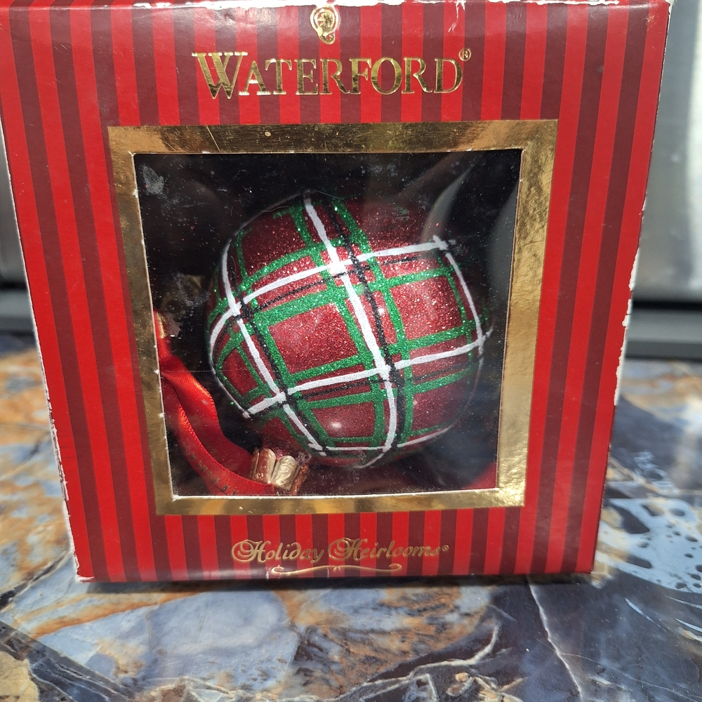 Waterford Holiday Plaid Glass Ornament - Red & Green